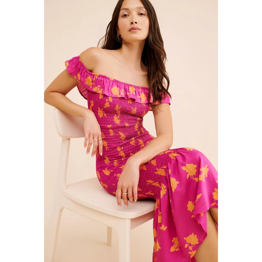 Anthropologie Purple Orange Floral Smocked Off The Shoulder Midi Dress XL NWT - Picture 3 of 8